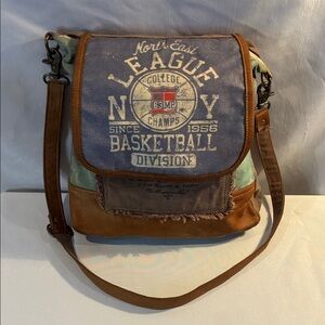 Green and brown canvas with leather accents Myra Bag upcycled crossbody shoulder